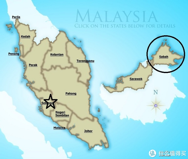 1963年才并入马来西亚,位于地图中黑色圆圈的位置,东北面就是菲律宾.图片