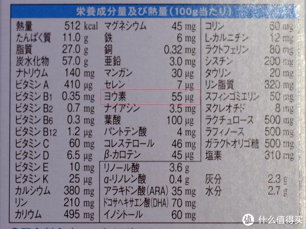 1段的营养成分表。图中红框中的就是碘