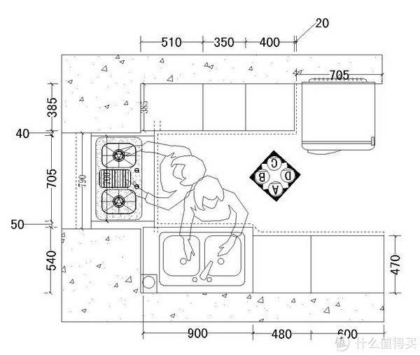 以下就是我那改了n遍的厨房平面图, 把部分台面的空间挤给冰箱了(下图