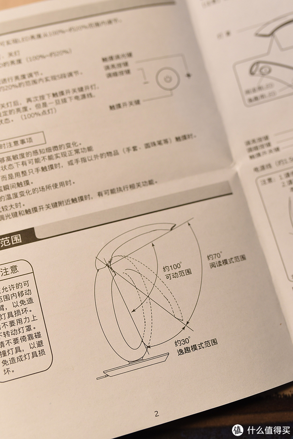 说明书薄薄的一页纸,详细介绍了台灯的使用,台灯可动范围约100