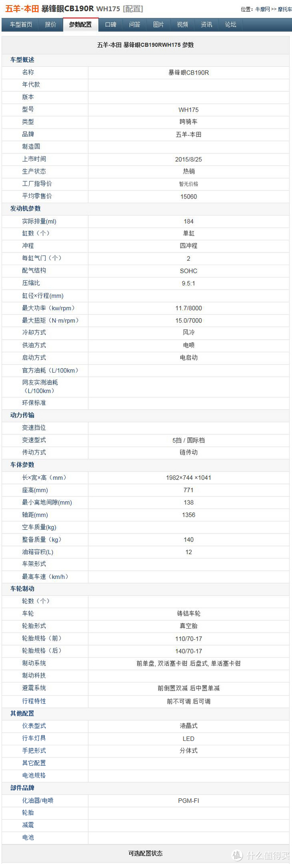 五羊本田cb190r的相关参数指标