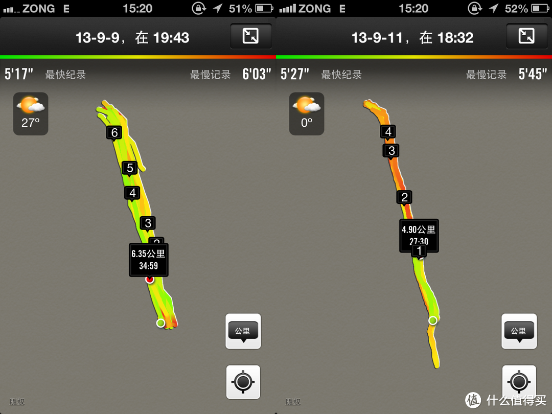 贴一个轨迹对比图片吧，轨迹稍微凌乱的是手机 app 的定位记录，右边的轨迹更纤细，是 Nike+ SportWatch 的数据，显然定位更加准确。（因为跑道好窄，基本我都跑中线）