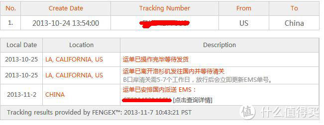 10月24日从美国发出，11月2日到深圳EMS，用了9天。