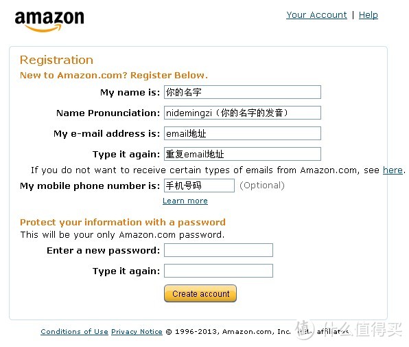 日本亚马逊注册信息，英语版。