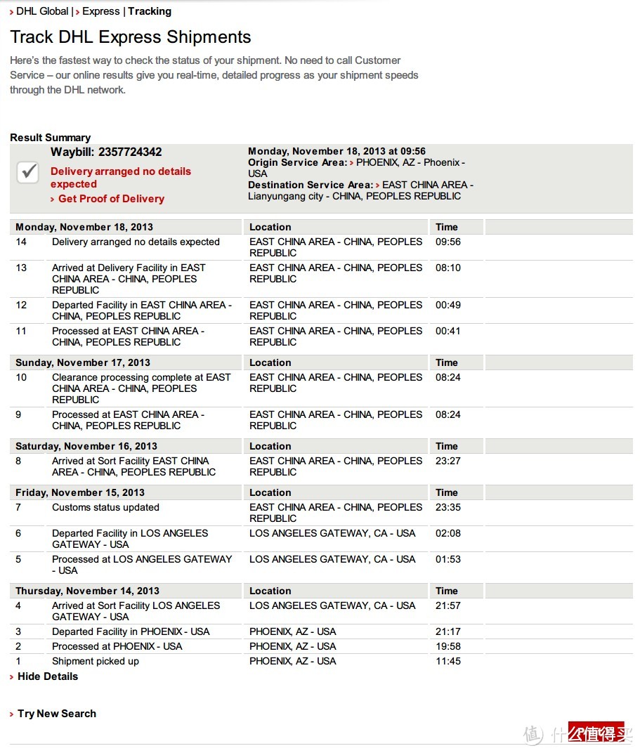 DHL的速度令人惊叹，中国时间11月15日美国发出，11月18日国内签收