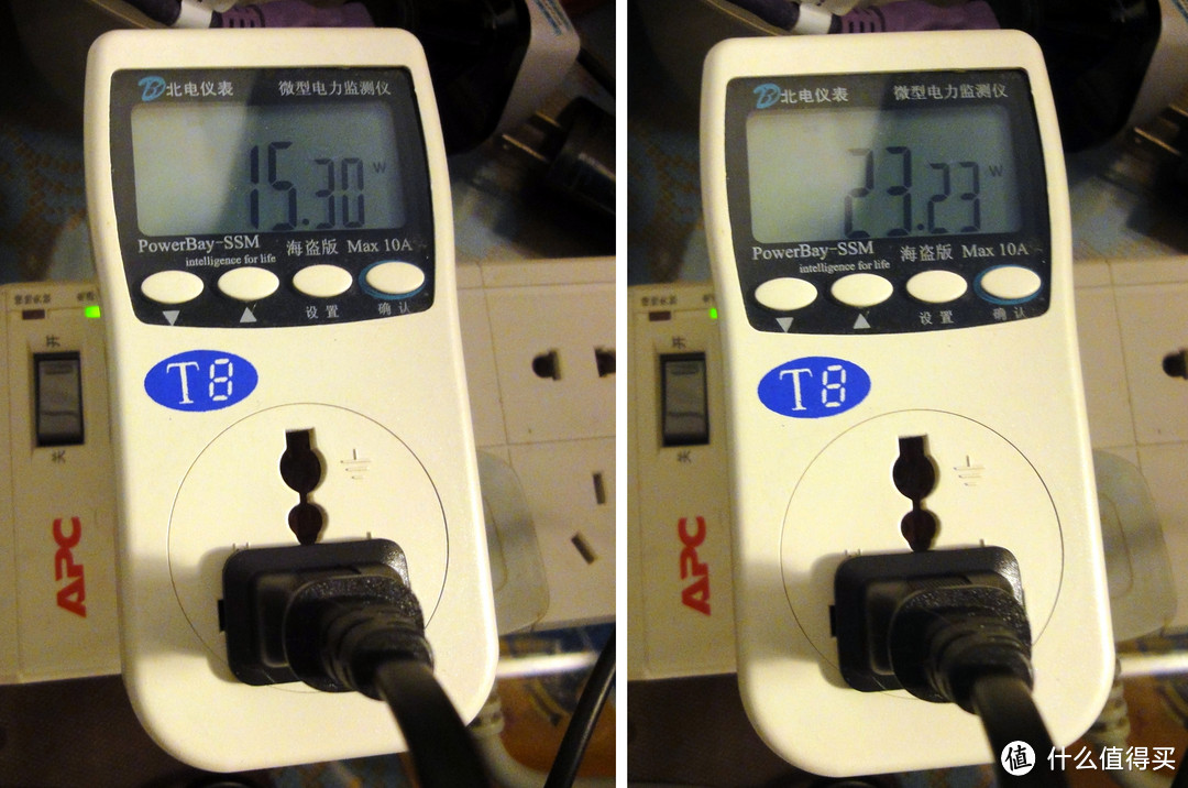 顺便测了下空气净化器的功耗,左边是低速档大约13W,右边是高速档大约23W.