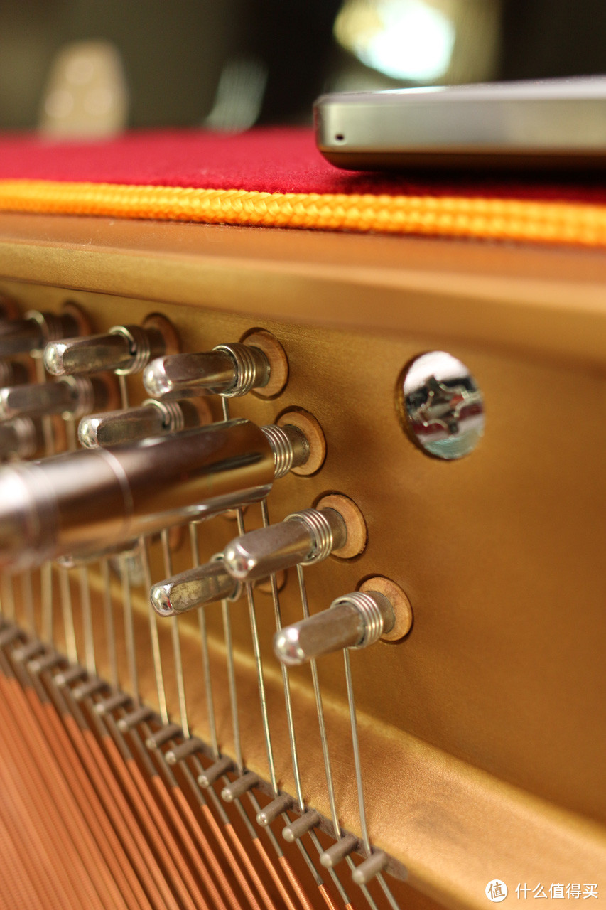 弦轴特写，注意弦轴和铁骨孔之间的木板，整个钢琴好几吨的拉力就是靠这块木板锁住