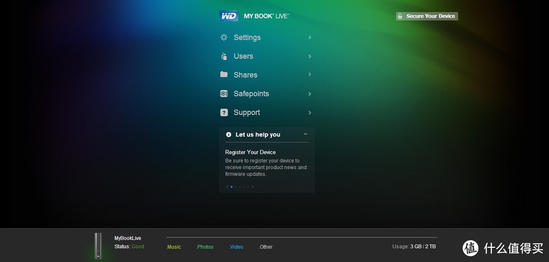 入门级准NAS：WD 西部数据 My Book Live 家庭网络硬盘 2TB