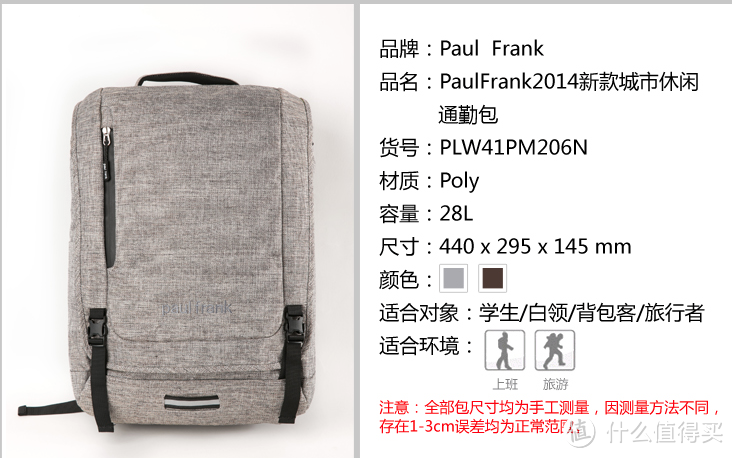 后背温暖神器：Paul Frank 大嘴猴 中性 城市休闲通勤包 PLW41PM206N