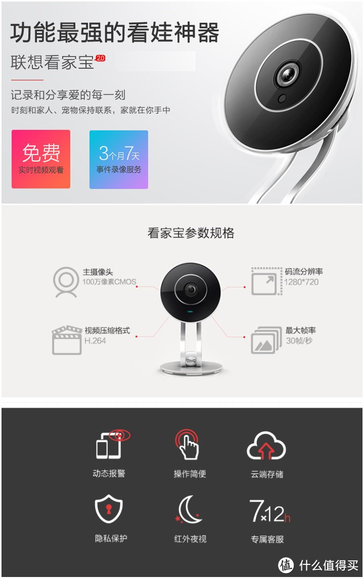 功能不错，价格稍贵：lenovo 联想 看家宝 2.0 720P高清 WiFi 云摄像头