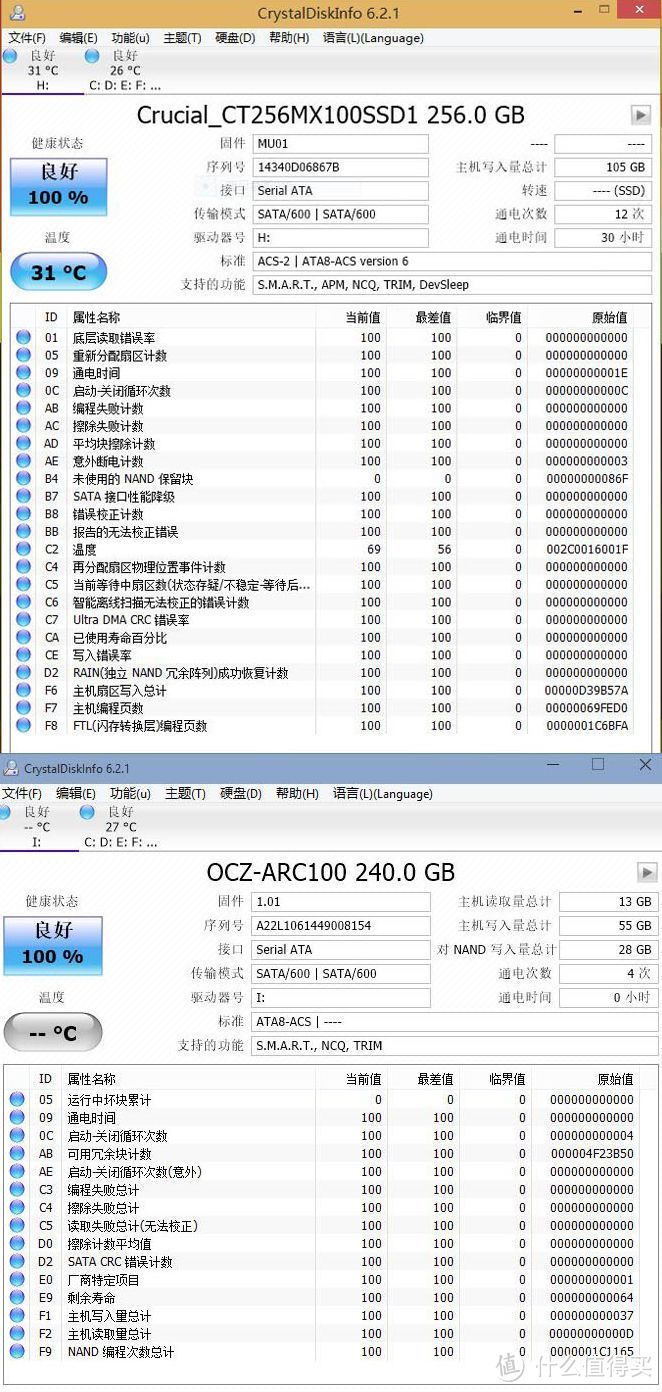 家用 240/256G SSD固态硬盘 Crucial MX100 与 OCZ ARC100 对比简评