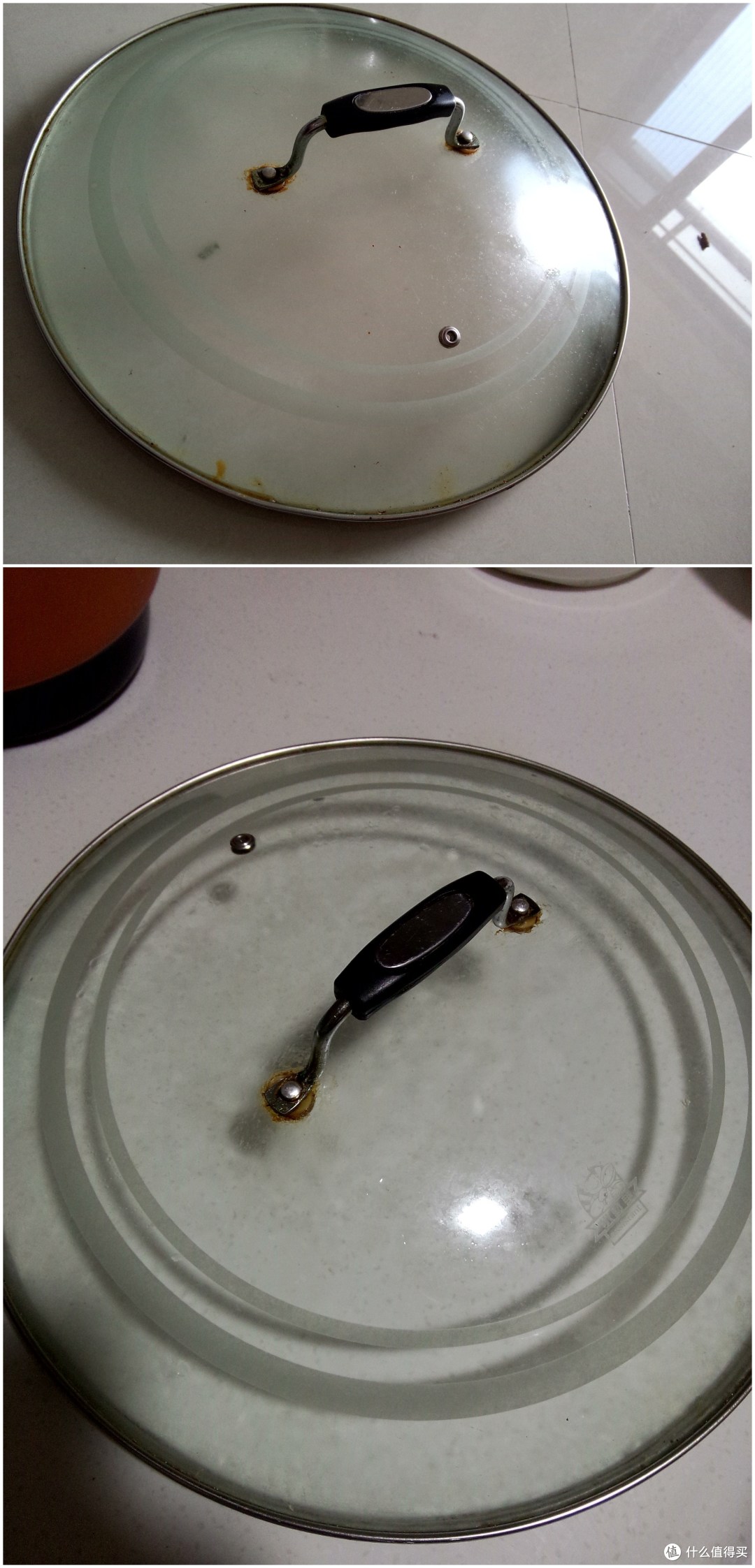 锅盖（这里面锅盖的效果不是特别明显，不像玻璃杯一样有让人眼前一亮的感觉，估计是锅盖实在是太脏了，洗完以后，我仔细看了看，上面是厚厚的油垢，没洗之前只能看到有油，其它的被油盖住了看不出来，估计再洗一次就差不多了。）