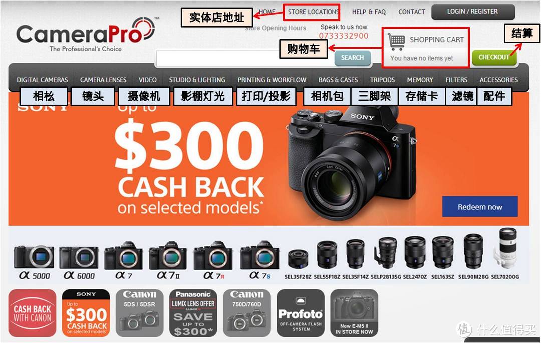 网站首页说明，从分类可以看出Camera Pro只贩售专业摄相器材