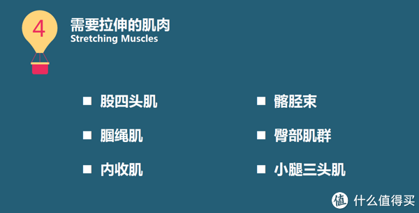 主要包括 股四頭肌,髂脛束,膕繩肌,臀部肌群,內收肌,小腿三頭肌等等.