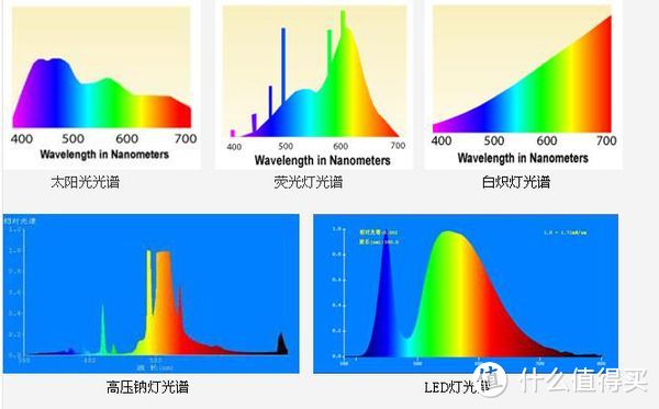自然光与其他灯光的光谱对比（图片来自百度）