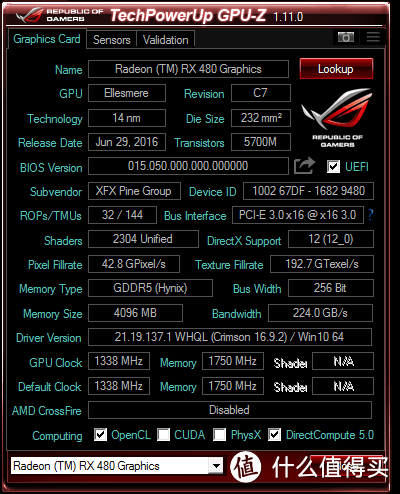 刷入进化版本BIOS后的RX480黑狼