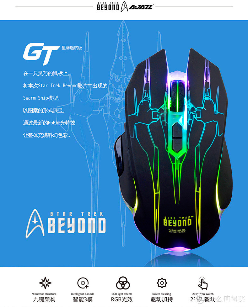 开着飞船来卖灯：【轻众测】AJAZZ 黑爵 GT星际迷航版 定制鼠标