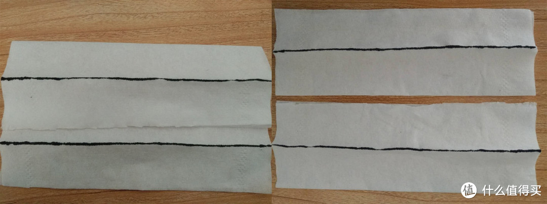 滤水前后的吸水纸，左侧滤水前/右侧滤水后