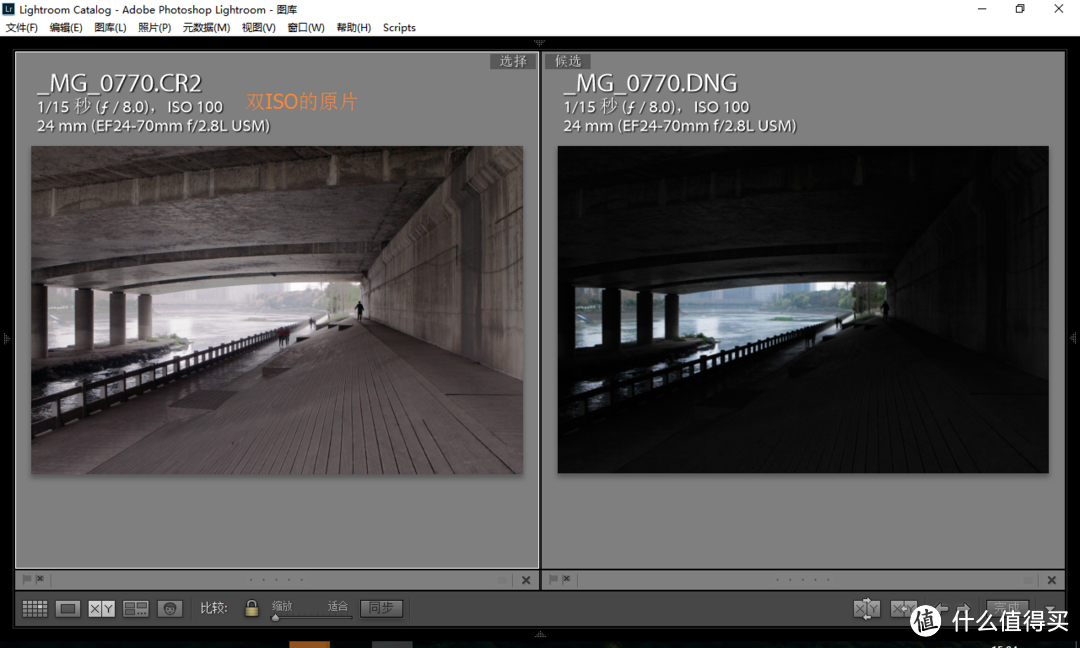 左为双ISO未处理的照片，右侧为cr2hdr处理后的DNG