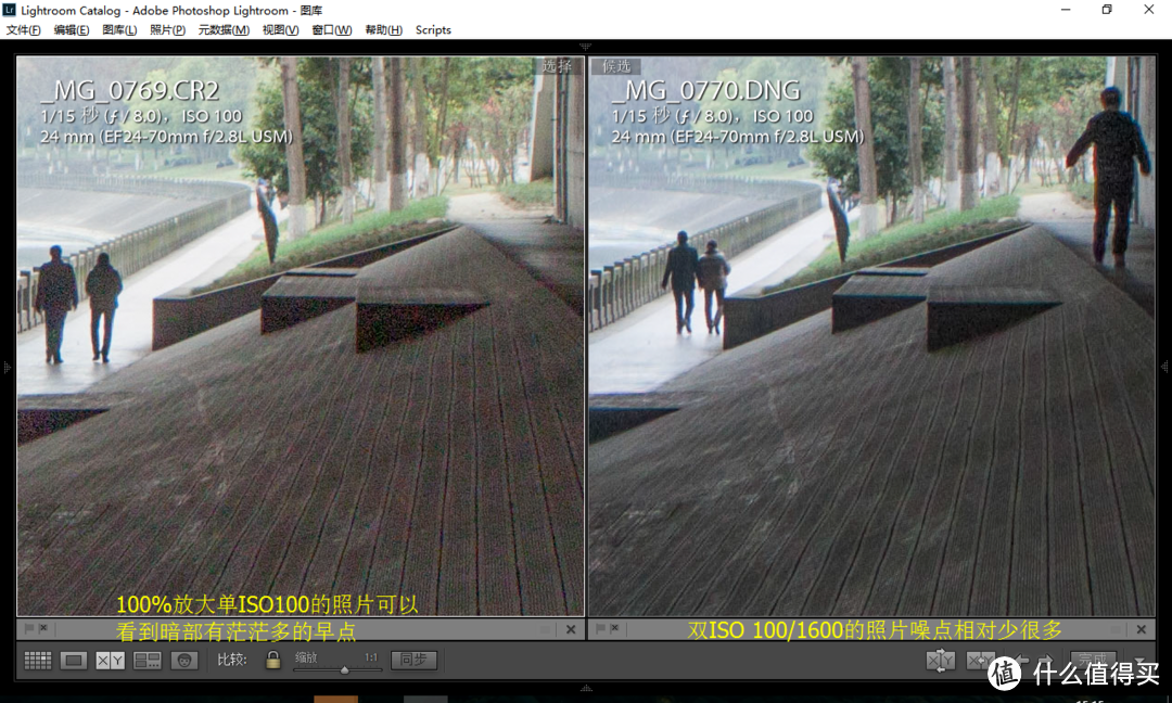 ISO100与100/1600的100%放大细节对比