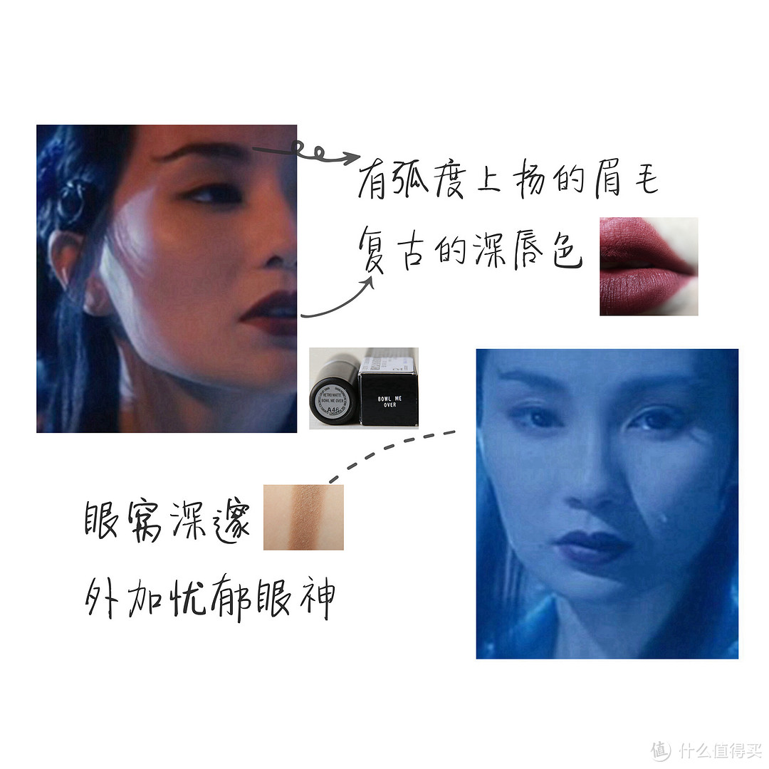 鬓角的铜钱头，上扬眉尾，深邃眼窝，深且妩媚的唇色