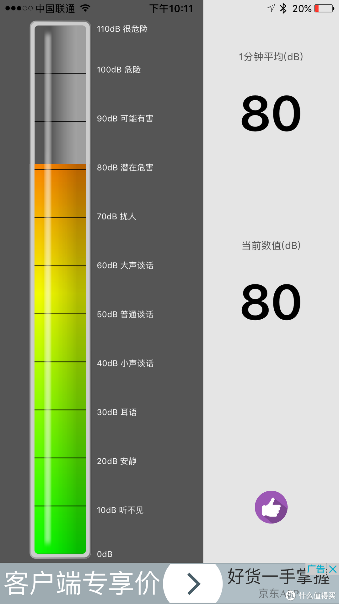 瞬时和1分钟平均都达到了80分贝