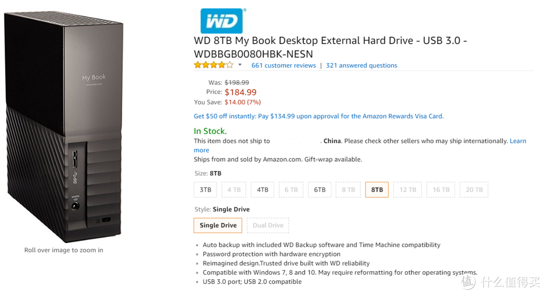 黑五美亚海淘 WD 西部数据 8TB My Book Desktop External Hard Drive 开箱评测