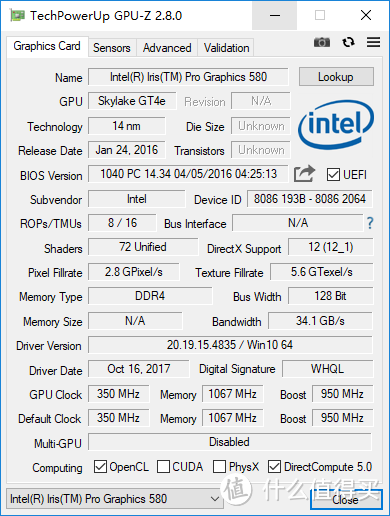 内置72个EU单位的最强核芯显卡Iris Pro 580：Intel 英特尔 NUC6I7KYK 迷你主机 开箱评测