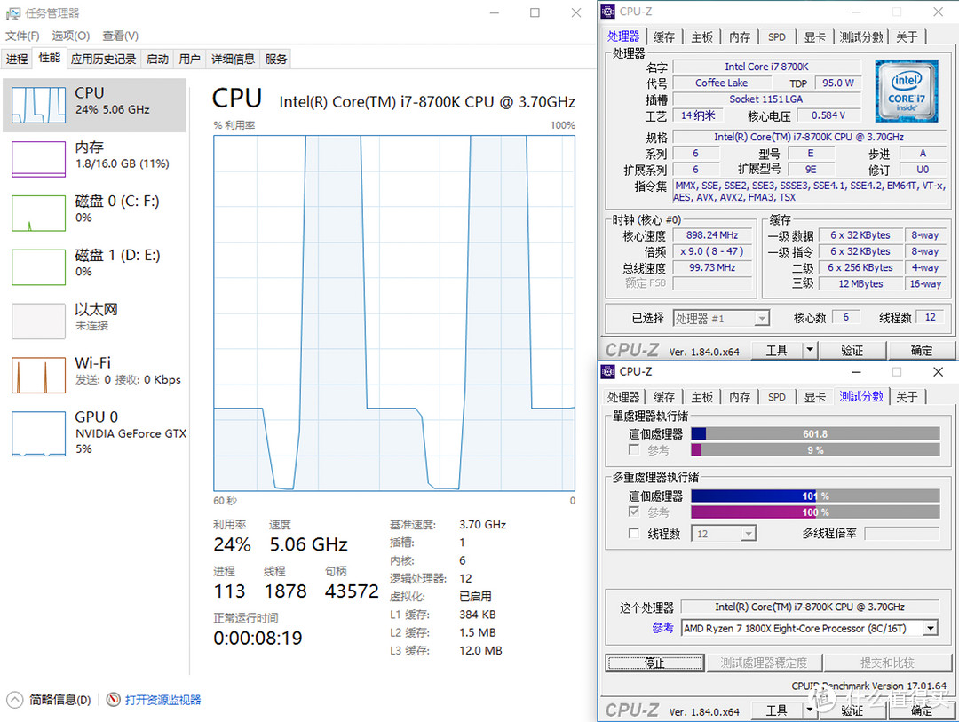 MAXSUN 铭瑄 Z370 主板 + INTEL 英特尔 i7 8700k CPU 超频能力测试