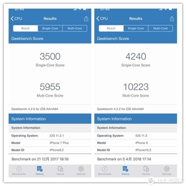 Geekbeach 4 跑分对比（左：7P  右：iPhone X）