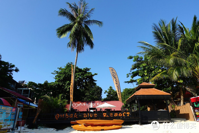 到酒店门口来张全景照，有一颗很婀娜高姿的椰树，门口有很多小船。酒店内有自己的海洋活动中心，也可以考潜水证。员工都身着统一的橙色T恤，企业文化做的还不错。