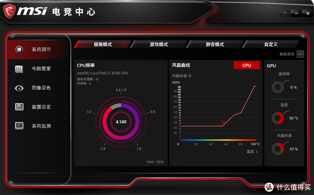 整个控制中心界面是非常干净美观，没有过多自定义选项，只是给用户准备的几种模式，分别是极限模式/游戏模式/静音模式/自定义，这几种模式下不会让你去调整那些你看不懂的参数，仅仅是调整风扇曲线，提高散热性能。可能看上去非常“简陋”，但是这也是从解决问题根本出发，其他性能参数设置再高又如何？散热跟不上降频一切都是白搭。