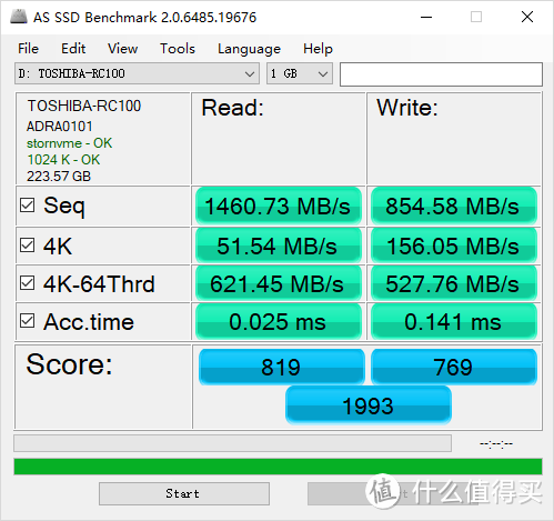 AS SSD Benchmark测速，默认1GB范围