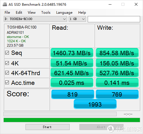 AS SSD Benchmark测速，默认1GB范围