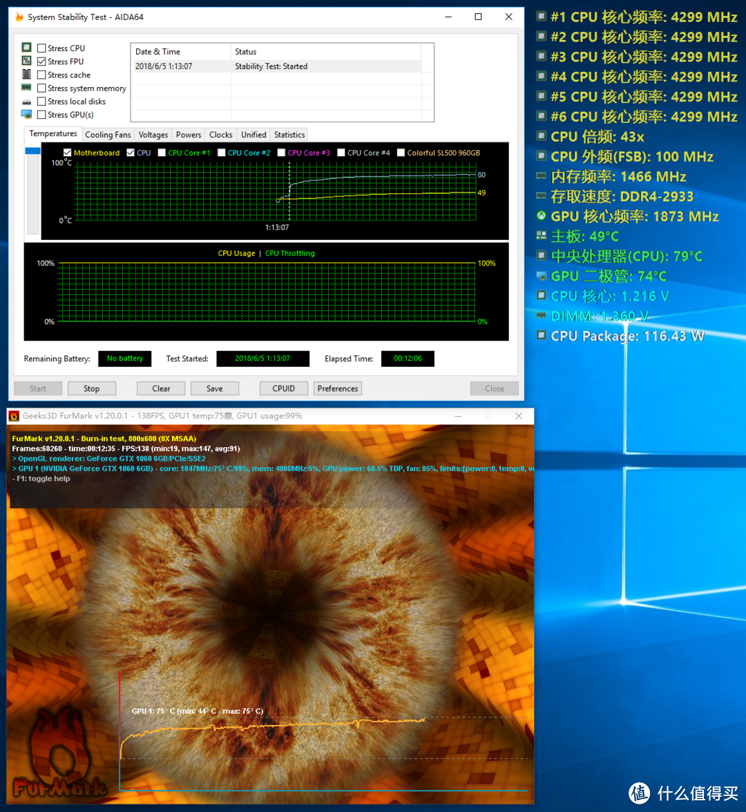 GPU频率接近1.8GHz,CPU稳定4.3GHz,稳定都趋近于80摄氏度