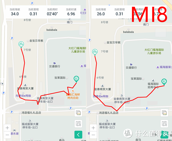 之后是在建筑物附近（商场周边）的室外的行走测试，会故意走之字形，图一中魅蓝准确还原了当时走的之字形，位置也更加精准。在这个环节小米输给了魅族
