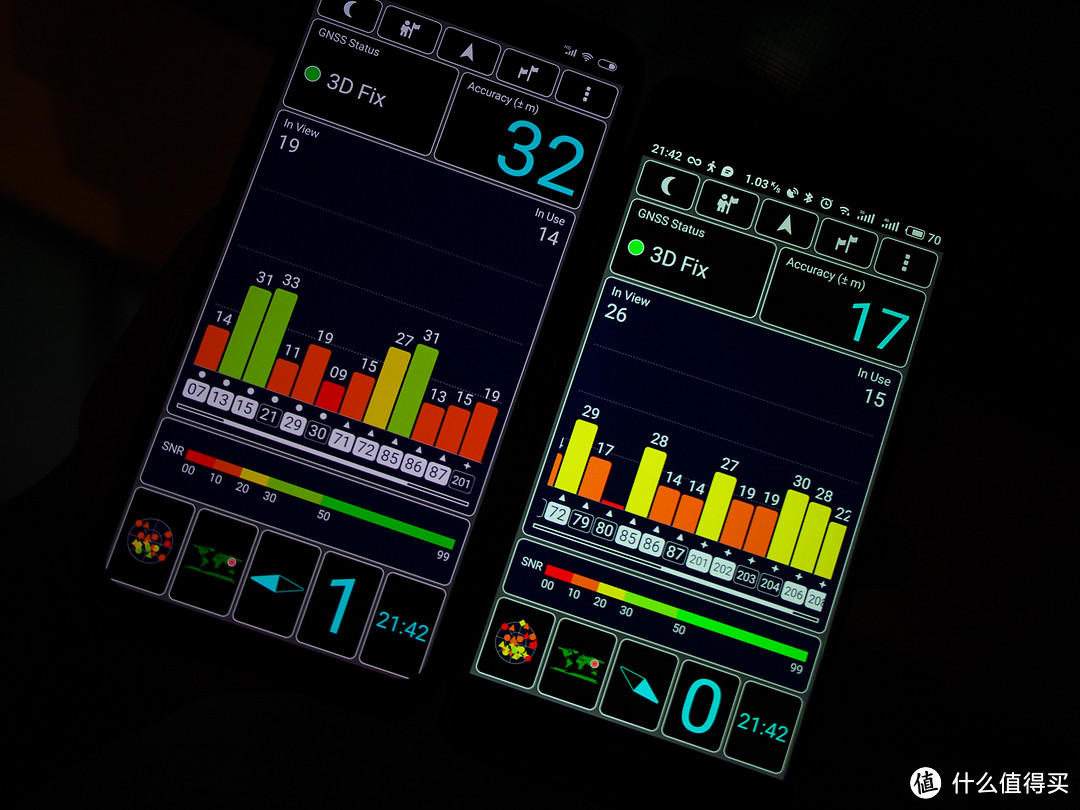 再来用专业软件测试，左边屏幕大的是小米8，在窗边的时候，米8的GPS信号普遍比NOTE6好一些，但获取的卫星数量却比魅蓝更少，最终的精准度反而不如魅蓝。这也验证了之前在有遮挡的建筑物下方小米8定位不准得问题