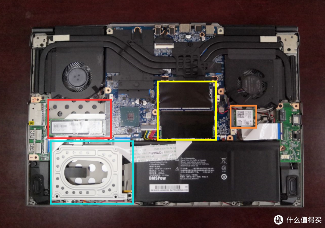 红圈是固态，水蓝色圈是2.5寸盘位，黄圈是内存，橙圈是网卡