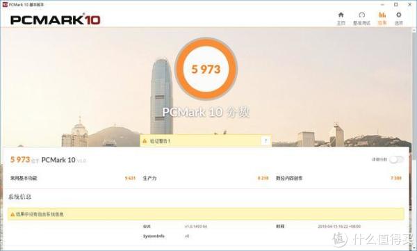 PCMARK10的基准分数5973，相比于PCMark8 ，PCMark 10进行了大幅度的功能简化，从前者具体、繁杂的家用、创造、工作、存储、和应用五个大项直接删减成了完整、快速和拓展模式三种。