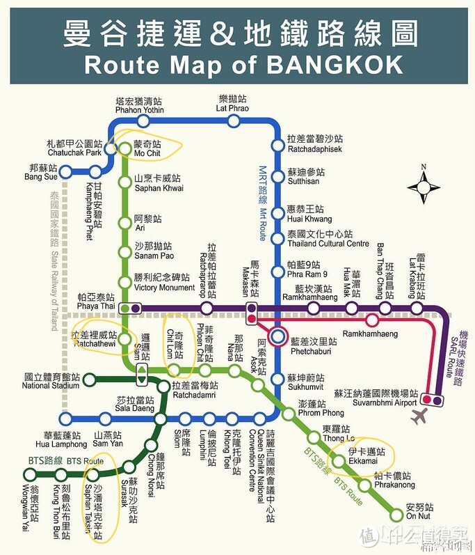曼谷捷运地铁图，上面画了黄圈圈的是我做攻略时标的可能用到的站点