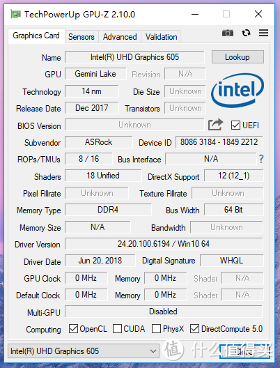 GPU-Z，UHD605，18个Eu单元，不知道为什么看不到频率