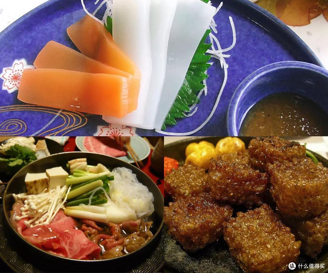 魔芋刺身、寿喜锅和煎魔芋。图片：woinary & Ocdp / wikimedia；WordRidden / flickr