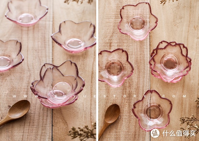 漂亮的樱花形状玻璃小碟子，吃饭的心情也很透明~