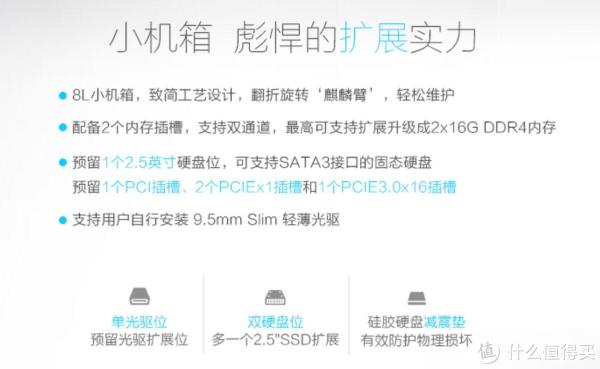 网页上关于主机拓展性能的介绍，对于游戏玩家来说，可自行安装一张显卡，此外内存和固态硬盘都可以添加升级。