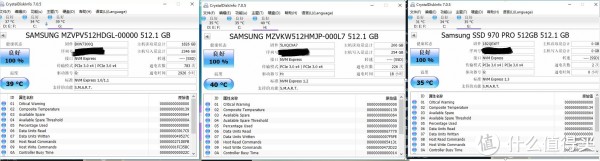 三者的CrystalDiskInfo，其实我三快盘的读写都不算大；但是只看到sm951的固件是7300Q，其他两个真的不懂；三个固态都是M key，走PCI-Ex4通道