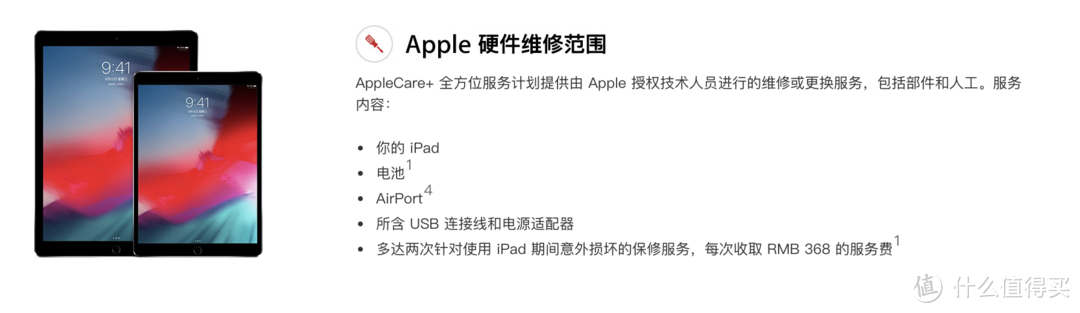 ▲ AppleCare+ 提供的硬件维修范围除了iPad本体外，还有诸如电源适配器和AirPort等配件，并且提供了2次针对意外损坏的保修服务。