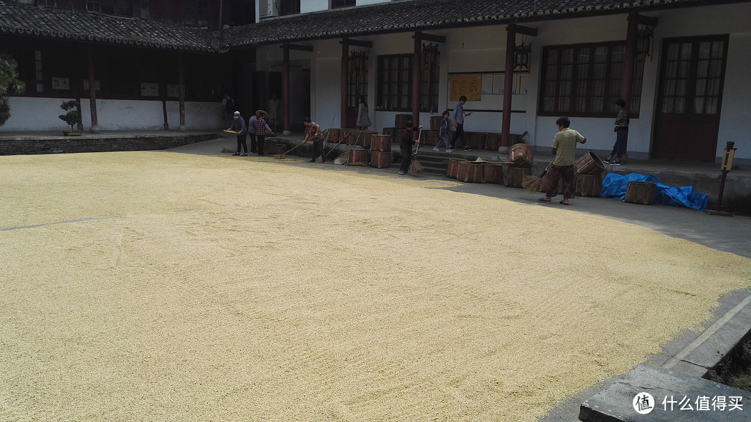 附近村民在帮寺庙晒稻