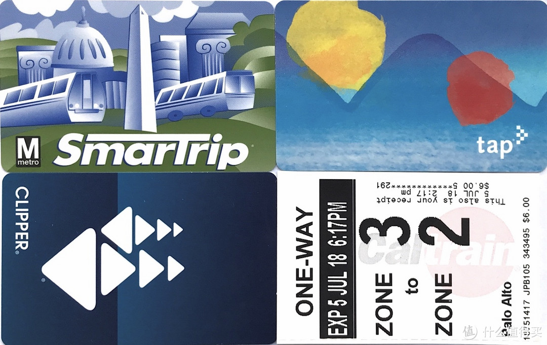 地铁卡（左上：华盛顿；右上：洛杉矶；左下：旧金山）；右下：旧金山火车票