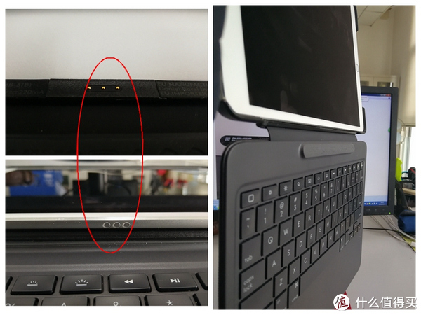键盘金属触点与ipad pro接口，由于该款键盘使用smart connector技术，只要两者轻轻接触便能吸出，且磁芯吸力牢固