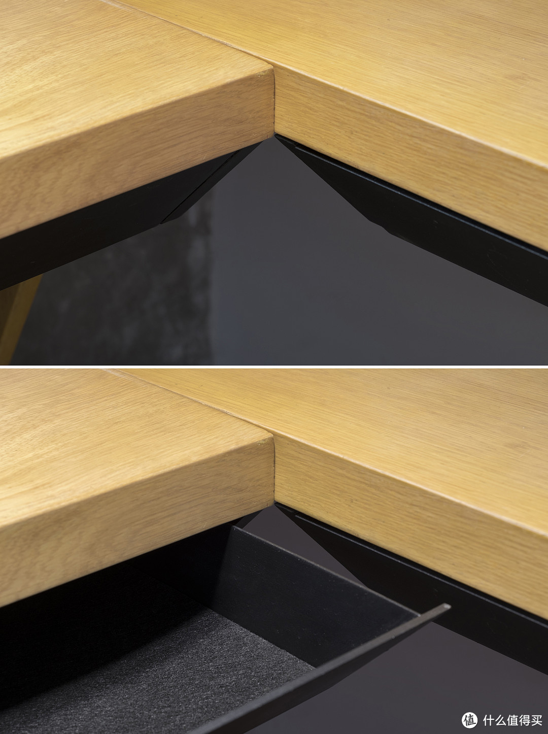 ▲写字桌的抽屉采用45°坡面，表面哑光黑色烤漆，视觉上使台面更纤薄轻盈